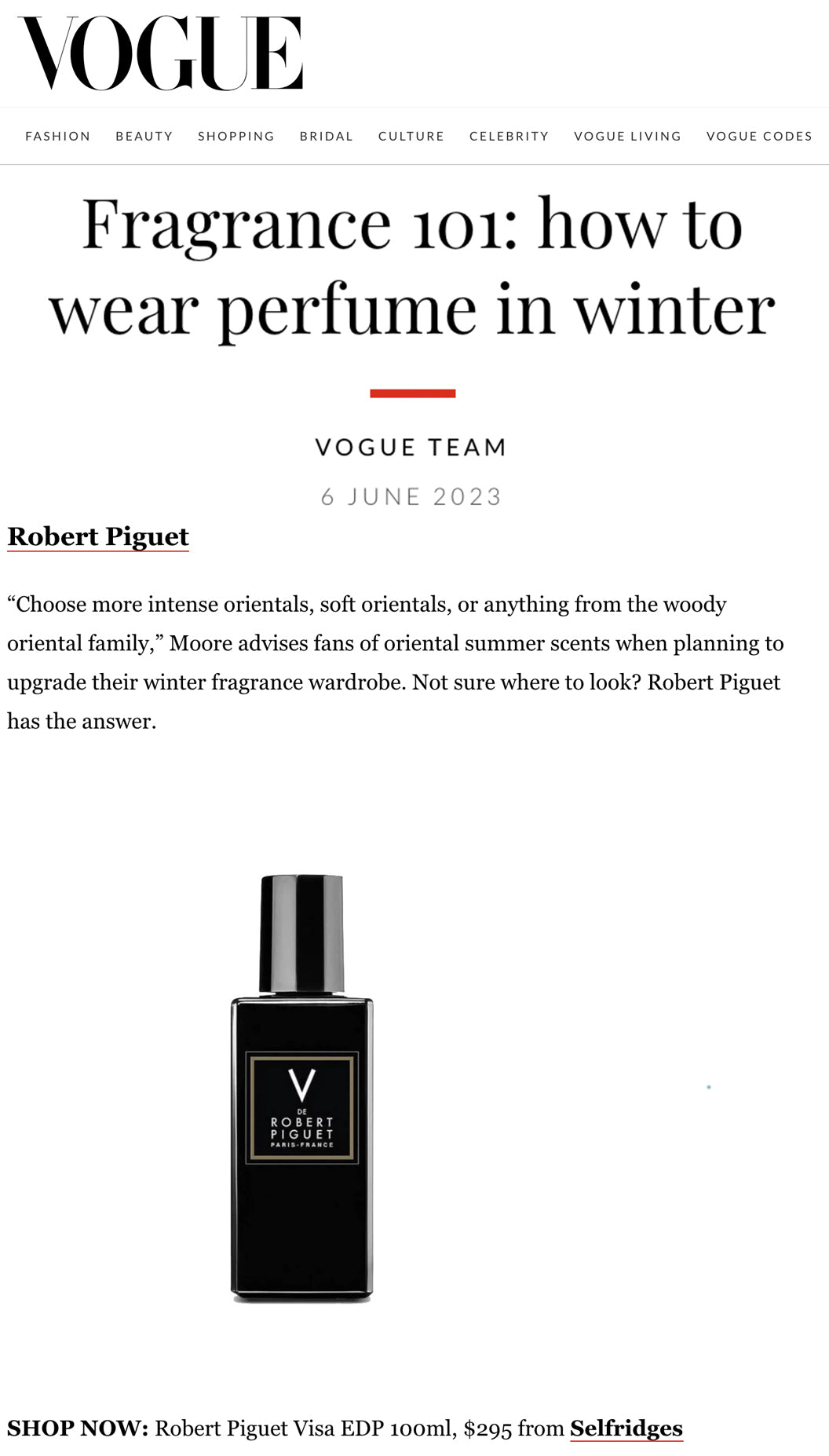 Vogue Australia - Fragrance 101: how to wear perfume in winter - featuring V de Robert Piguet Parfums