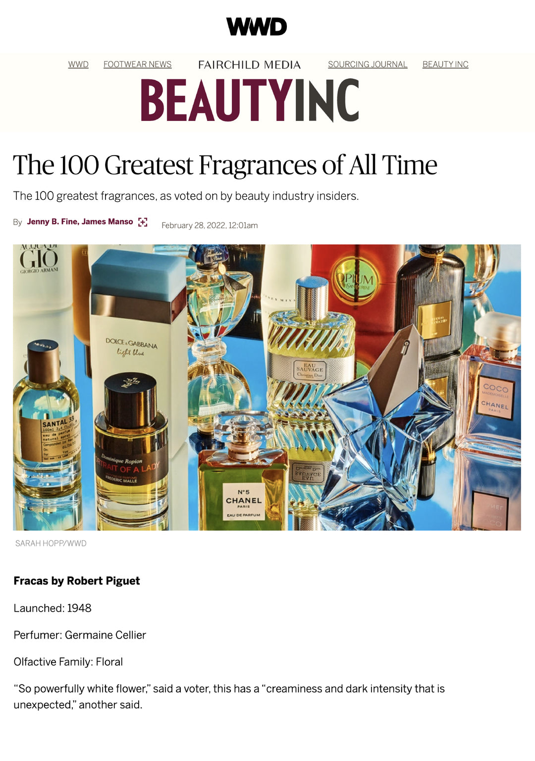 WWD Fracas is one of The 100 Greatest Fragrances of All Time